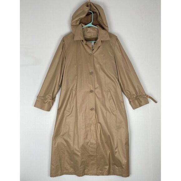 Retro London Fog Tan Belted Trench‎ Coat Size 12 Reg Removable Hood - Picture 1 of 15